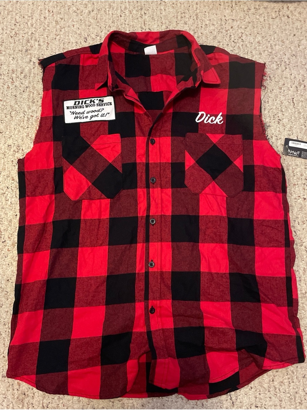 Spirit Red and Black Buffalo Plaid Sleeveless Work Shirt with 'Dick' Patch